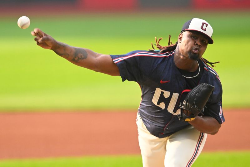 Jun 27, 2025; Cleveland, Ohio, USA; Cleveland Guardians starting pitcher Luis Ortiz (45) delivers a pitch in the first inning against the St. Louis Cardinals at Progressive Field. Mandatory Credit: David Richard-Imagn Images