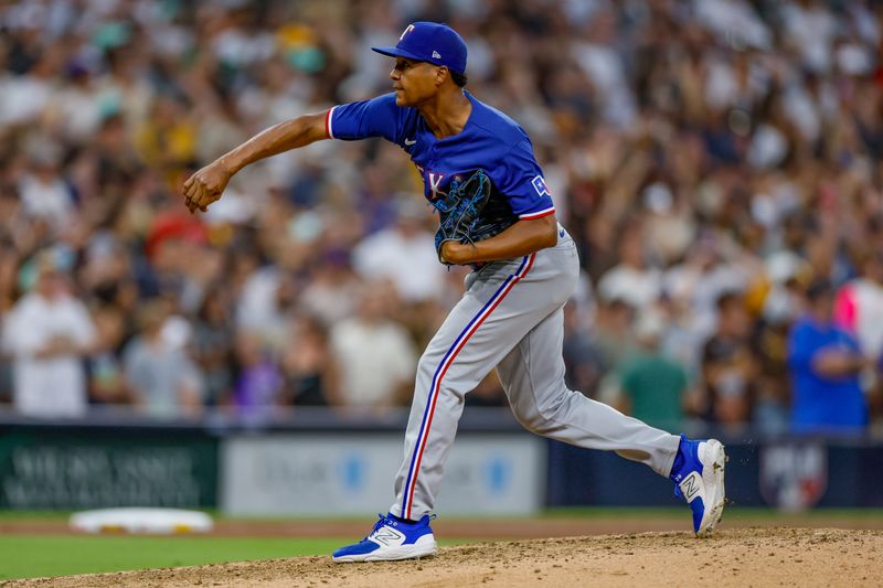 Jul 29, 2023; San Diego, California, USA; Texas Rangers relief pitcher Jose Leclerc (25) throws a pitch during the seventh inning against the against the San Diego Padres at Petco Park. Mandatory Credit: David Frerker-USA TODAY Sports