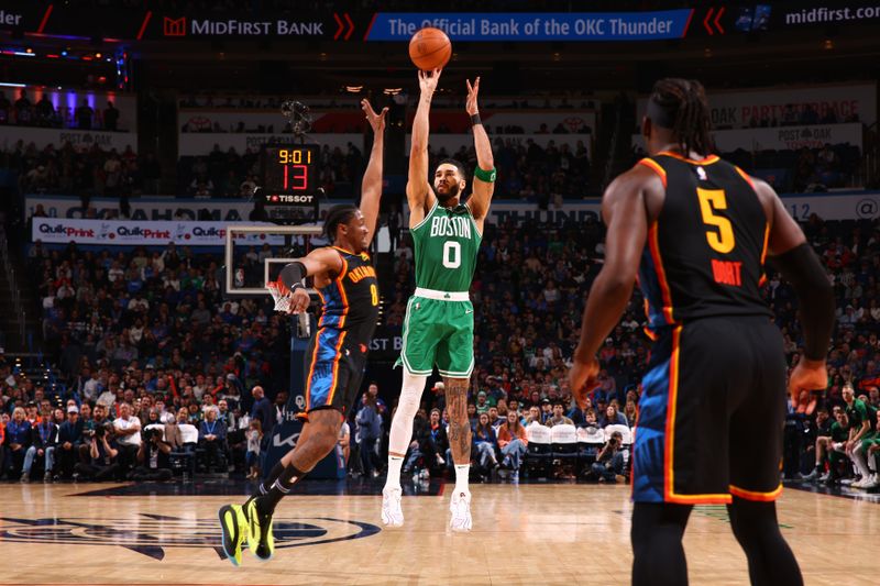 OKLAHOMA CITY, OK - JANUARY 5: Jayson Tatum #0 of the Boston Celtics shoots a three point basket during the game against the Oklahoma City Thunder on January 5, 2025 at Paycom Center in Oklahoma City, Oklahoma. NOTE TO USER: User expressly acknowledges and agrees that, by downloading and or using this photograph, User is consenting to the terms and conditions of the Getty Images License Agreement. Mandatory Copyright Notice: Copyright 2025 NBAE (Photo by Zach Beeker/NBAE via Getty Images)