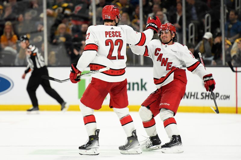 Apr 9, 2024; Boston, Massachusetts, USA; Carolina Hurricanes defenseman Brett Pesce (22) high fives center Seth Jarvis (24) after scoring a shorthanded goal during the third period against the Boston Bruins at TD Garden. Mandatory Credit: Bob DeChiara-USA TODAY Sports