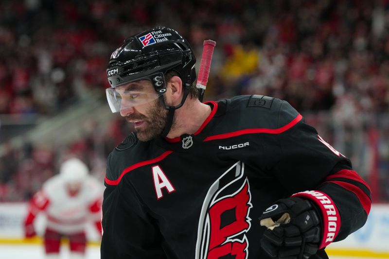 Dec 27, 2025; Raleigh, North Carolina, USA;  Carolina Hurricanes left wing Jordan Martinook (48) celebrates his empty net goal against the Detroit Red Wings during the third period at Lenovo Center. Mandatory Credit: James Guillory-Imagn Images