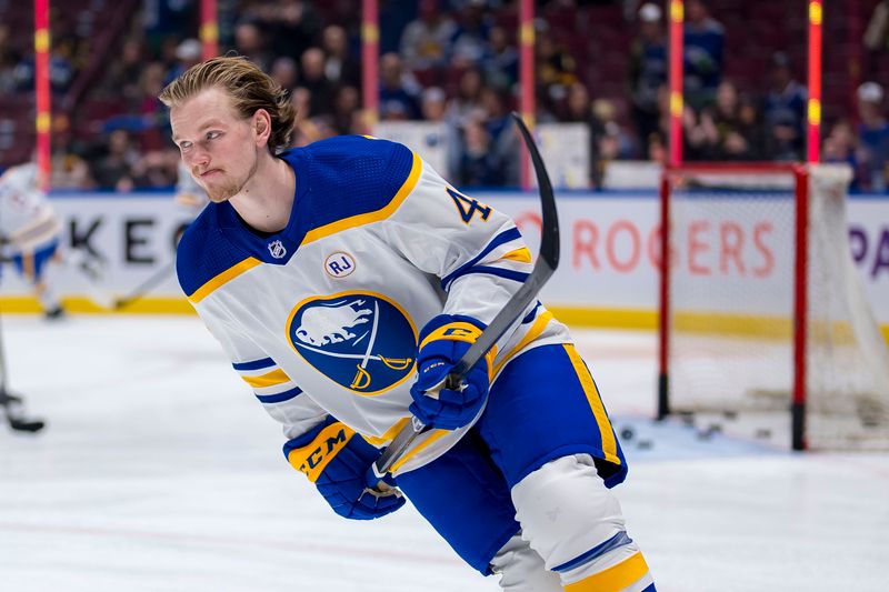 Mar 19, 2024; Vancouver, British Columbia, CAN; Buffalo Sabres defenseman Bowen Byram (4) skates during warm up prior to a game against the Vancouver Canucks at Rogers Arena. Mandatory Credit: Bob Frid-USA TODAY Sports