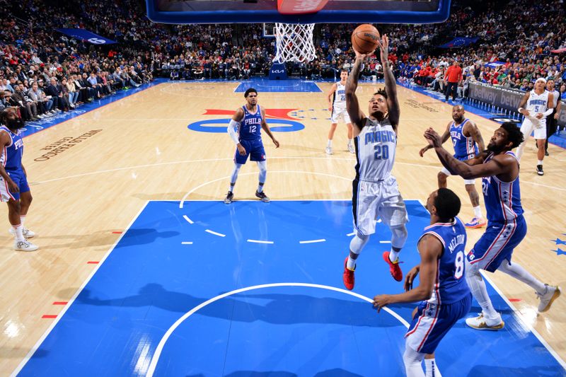 PHILADELPHIA, PA - FEBRUARY 1: Markelle Fultz #20 of the Orlando Magic shoots the ball during the game against the Philadelphia 76ers on February 1, 2023 at the Wells Fargo Center in Philadelphia, Pennsylvania NOTE TO USER: User expressly acknowledges and agrees that, by downloading and/or using this Photograph, user is consenting to the terms and conditions of the Getty Images License Agreement. Mandatory Copyright Notice: Copyright 2023 NBAE (Photo by Jesse D. Garrabrant/NBAE via Getty Images)