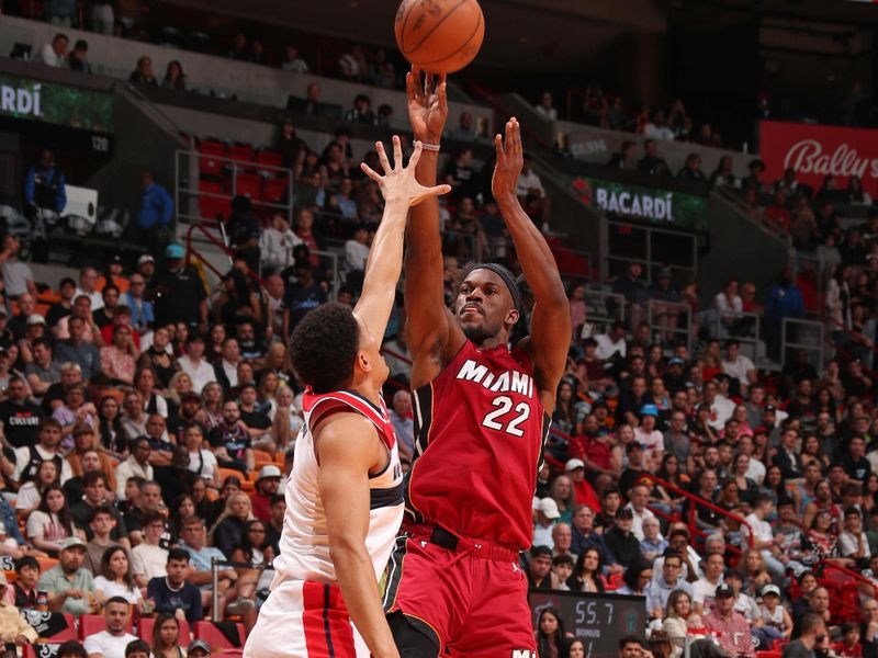 MIAMI, FL - MARCH 10: Jimmy Butler #22 of the Miami Heat shoots the ball during the game against the Washington Wizards on March 10, 2024 at Kaseya Center in Miami, Florida. NOTE TO USER: User expressly acknowledges and agrees that, by downloading and or using this Photograph, user is consenting to the terms and conditions of the Getty Images License Agreement. Mandatory Copyright Notice: Copyright 2024 NBAE (Photo by Issac Baldizon/NBAE via Getty Images)