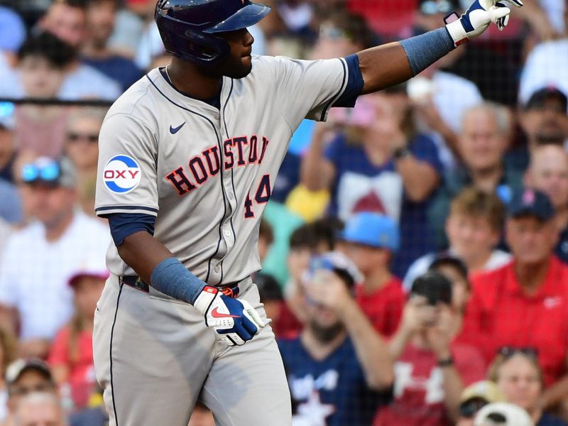 Aug 10, 2024; Boston, Massachusetts, USA;  Houston Astros left fielder Yordan Alavarez (44) points to the crowd after hitting a two run home run during the sixth inning against the Boston Red Sox at Fenway Park. Mandatory Credit: Bob DeChiara-USA TODAY Sports