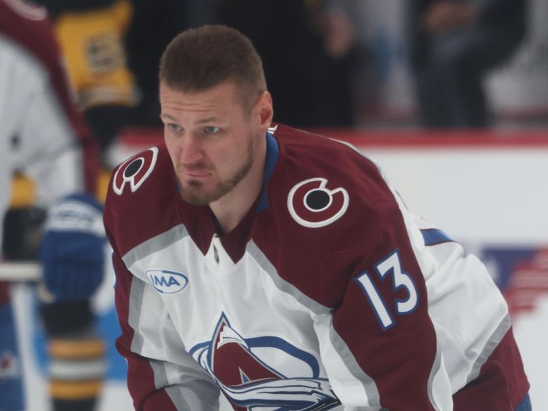 Mar 24, 2026; Pittsburgh, Pennsylvania, USA;  Colorado Avalanche right wing Valeri Nichushkin (13) warms up against the Pittsburgh Penguins at PPG Paints Arena. Mandatory Credit: Charles LeClaire-Imagn Images