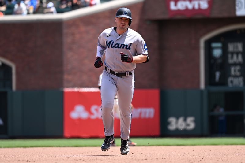 May 21, 2023; San Francisco, California, USA; Miami Marlins catcher Nick Fortes (4) rounds the bases after hitting a solo home run against the San Francisco Giants during the fourth inning at Oracle Park. Mandatory Credit: Robert Edwards-USA TODAY Sports