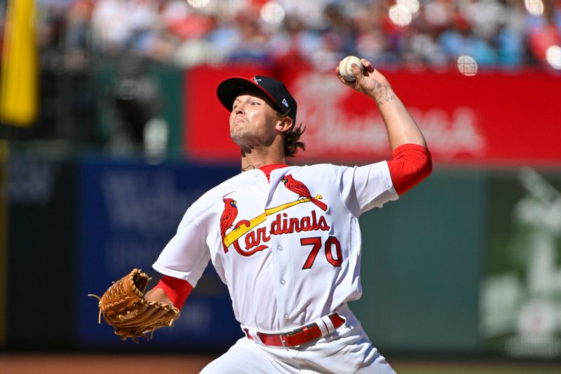 Apr 2, 2023; St. Louis, Missouri, USA;  St. Louis Cardinals relief pitcher Packy Naughton (70) pitches against the Toronto Blue Jays during the ninth inning at Busch Stadium. Mandatory Credit: Jeff Curry-USA TODAY Sports