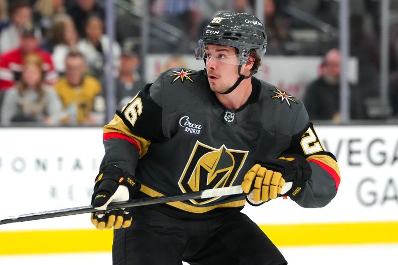 Oct 13, 2024; Las Vegas, Nevada, USA; Vegas Golden Knights right wing Alexander Holtz (26) skates against the Anaheim Ducks during the second period at T-Mobile Arena. Mandatory Credit: Stephen R. Sylvanie-Imagn Images