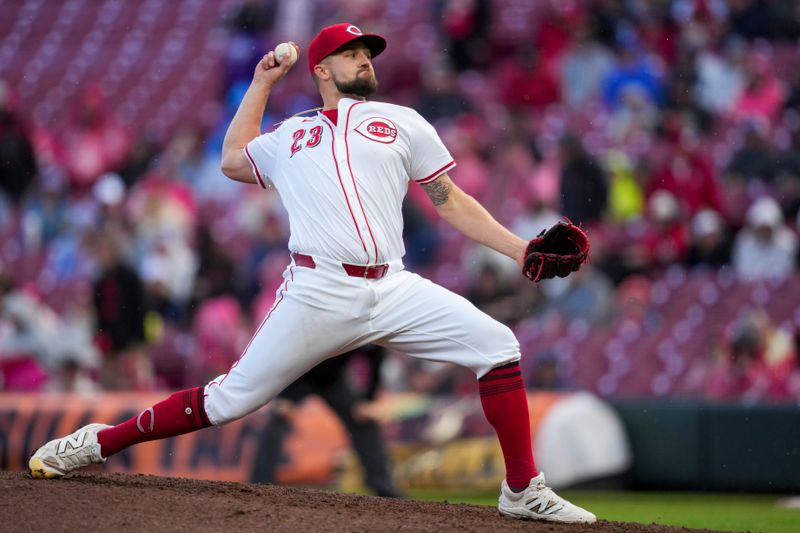 May 4, 2025; Cincinnati, Ohio, USA;  Cincinnati Reds pitcher Graham Ashcraft (23) throws against the Washington Nationals in the seventh inning at Great American Ball Park. Mandatory Credit: Aaron Doster-Imagn Images