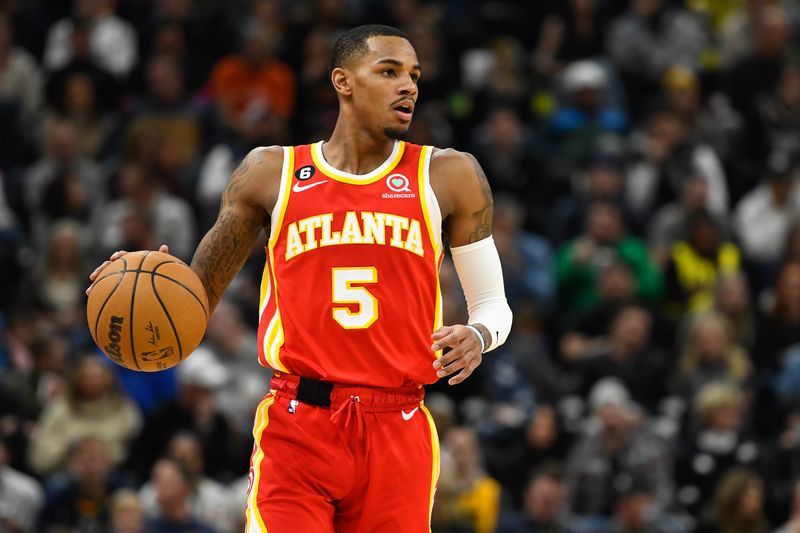 SALT LAKE CITY, UTAH - FEBRUARY 03: Dejounte Murray #5 of the Atlanta Hawks in action during the second half of a game against the Utah Jazz at Vivint Arena on February 03, 2023 in Salt Lake City, Utah.  NOTE TO USER: User expressly acknowledges and agrees that, by downloading and or using this photograph, User is consenting to the terms and conditions of the Getty Images License Agreement. (Photo by Alex Goodlett/Getty Images)