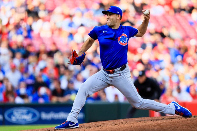 May 23, 2025; Cincinnati, Ohio, USA; Chicago Cubs starting pitcher Matthew Boyd (16) pitches against the Cincinnati Reds in the first inning at Great American Ball Park. Mandatory Credit: Katie Stratman-Imagn Images