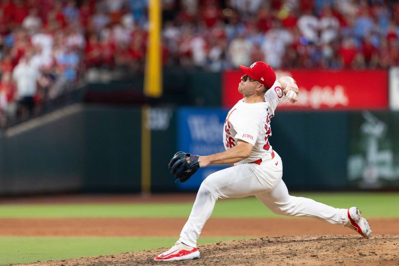 Jun 26, 2024; St. Louis, Missouri, USA; St. Louis Cardinals pitcher Ryan Helsley (56) enters the game in the ninth inning against the Atlanta Braves at Busch Stadium. Mandatory Credit: Zach Dalin-USA TODAY Sports