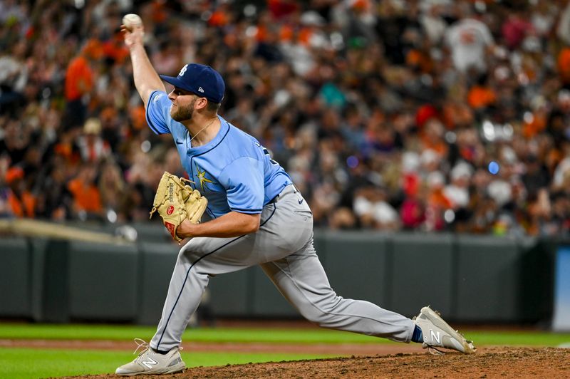 May 31, 2024; Baltimore, Maryland, USA;  Tampa Bay Rays pitcher Justin Sterner (65) throws a sixth inning pitch against the Baltimore Orioles at Oriole Park at Camden Yards. Mandatory Credit: Tommy Gilligan-USA TODAY Sports