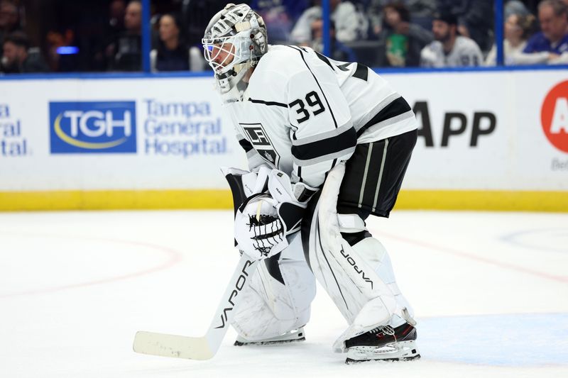 Jan 9, 2024; Tampa, Florida, USA; Los Angeles Kings goaltender Cam Talbot (39) looks on against the Tampa Bay Lightning during the first period at Amalie Arena. Mandatory Credit: Kim Klement Neitzel-USA TODAY Sports