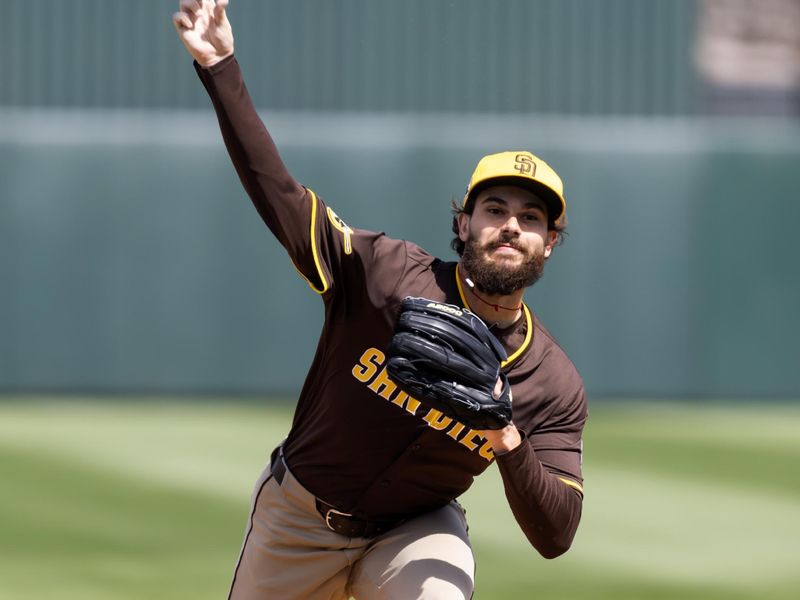 Mar 16, 2025; Tempe, Arizona, USA; San Diego Padres pitcher Dylan Cease against the Los Angeles Angels during a spring training game at Tempe Diablo Stadium. Mandatory Credit: Mark J. Rebilas-Imagn Images