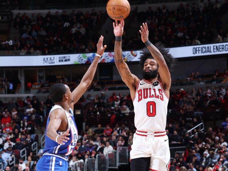 CHICAGO, IL - FEBRUARY 3: Coby White #0 of the Chicago Bulls shoots a three point basket during the game against the Sacramento Kings on February 3, 2024 at United Center in Chicago, Illinois. NOTE TO USER: User expressly acknowledges and agrees that, by downloading and or using this photograph, User is consenting to the terms and conditions of the Getty Images License Agreement. Mandatory Copyright Notice: Copyright 2024 NBAE (Photo by Jeff Haynes/NBAE via Getty Images)