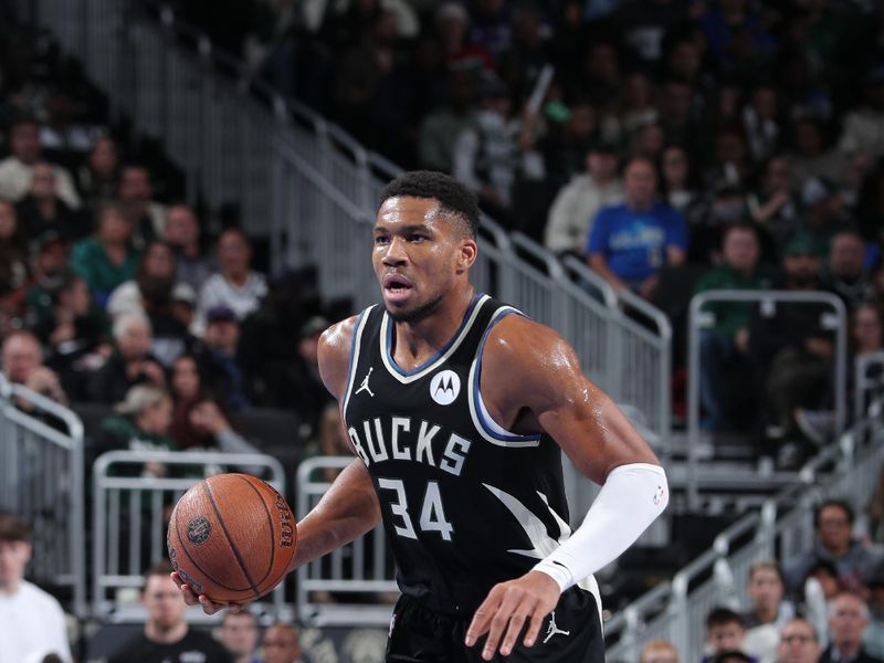 MILWAUKEE, WI - NOVEMBER 22:  Giannis Antetokounmpo #34 of the Milwaukee Bucks dribbles the ball during the game against the Indiana Pacers  during a Emirates NBA Cup on November 22, 2024 at Fiserv Forum Center in Milwaukee, Wisconsin. NOTE TO USER: User expressly acknowledges and agrees that, by downloading and or using this Photograph, user is consenting to the terms and conditions of the Getty Images License Agreement. Mandatory Copyright Notice: Copyright 2024 NBAE (Photo by Gary Dineen/NBAE via Getty Images).