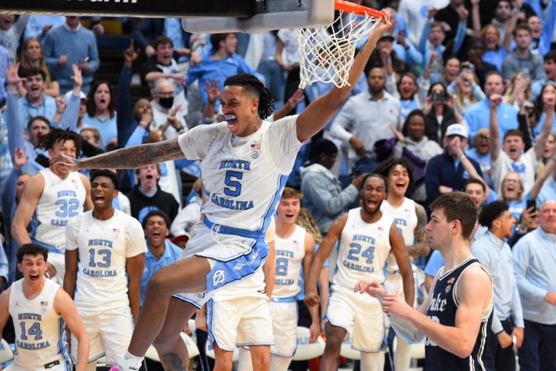 Feb 3, 2024; Chapel Hill, North Carolina, USA; North Carolina Tar Heels forward Armando Bacot (5) scores in the second half at Dean E. Smith Center. Mandatory Credit: Bob Donnan-USA TODAY Sports