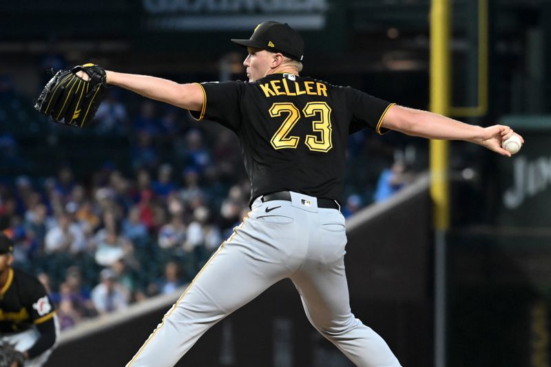 Sep 20, 2023; Chicago, Illinois, USA; Pittsburgh Pirates starting pitcher Mitch Keller (23) delivers the ball against the Chicago Cubs during the first inning at Wrigley Field. Mandatory Credit: Matt Marton-USA TODAY Sports