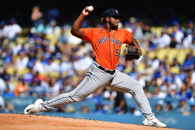 Jun 24, 2023; Los Angeles, California, USA; Houston Astros relief pitcher Ronel Blanco (56) throws against the Los Angeles Dodgers during the first inning at Dodger Stadium. Mandatory Credit: Gary A. Vasquez-USA TODAY Sports