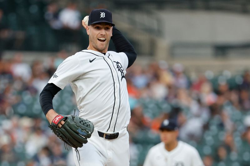 Jun 12, 2024; Detroit, Michigan, USA;  Detroit Tigers relief pitcher Joey Wentz (43) makes a throw to first in the seventh inning against the Washington Nationalsat Comerica Park. Mandatory Credit: Rick Osentoski-USA TODAY Sports