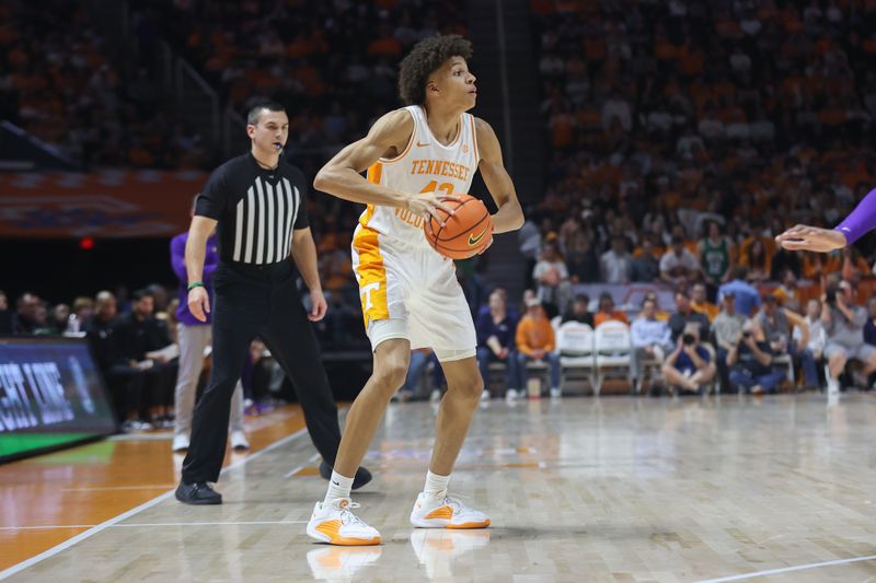 Feb 7, 2024; Knoxville, Tennessee, USA; Tennessee Volunteers guard Cameron Carr (43) looks to pass the ball against the LSU Tigers during the second half at Thompson-Boling Arena at Food City Center. Mandatory Credit: Randy Sartin-USA TODAY Sports