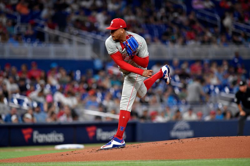 May 11, 2024; Miami, Florida, USA;  Philadelphia Phillies pitcher Taijuan Walker (99) throws the ball during the first inning against the Miami Marlins, at loanDepot Park. Mandatory Credit: Michael Laughlin-USA TODAY Sports