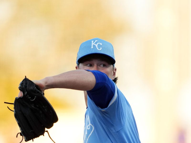 Mar 5, 2024; Surprise, Arizona, USA; Kansas City Royals starting pitcher Brady Singer (51) pitches against the Chicago Cubs during the first inning at Surprise Stadium. Mandatory Credit: Joe Camporeale-USA TODAY Sports