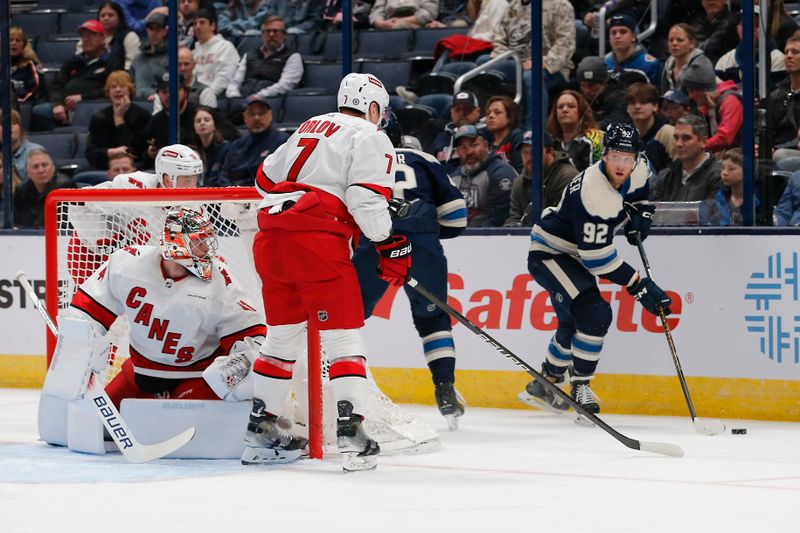 Feb 29, 2024; Columbus, Ohio, USA; Columbus Blue Jackets left wing Alexander Nylander (92) looks to pass against the Carolina Hurricanes during the first period at Nationwide Arena. Mandatory Credit: Russell LaBounty-USA TODAY Sports