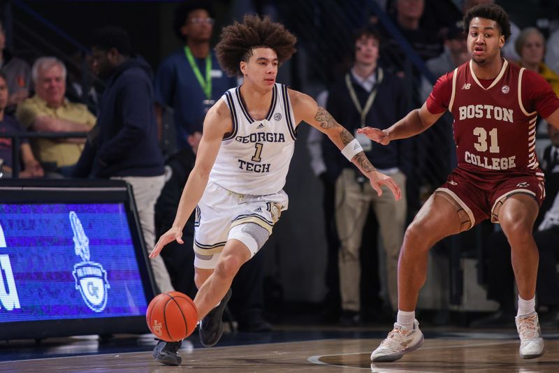 Jan 4, 2025; Atlanta, Georgia, USA; Georgia Tech Yellow Jackets guard Naithan George (1) dribbles against the Boston College Eagles in the first half at McCamish Pavilion. Mandatory Credit: Brett Davis-Imagn Images