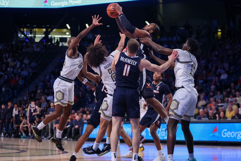 Jan 20, 2024; Atlanta, Georgia, USA; Virginia Cavaliers forward Jordan Minor (22) grabs a rebound against the Georgia Tech Yellow Jackets in the second half at McCamish Pavilion. Mandatory Credit: Brett Davis-USA TODAY Sports