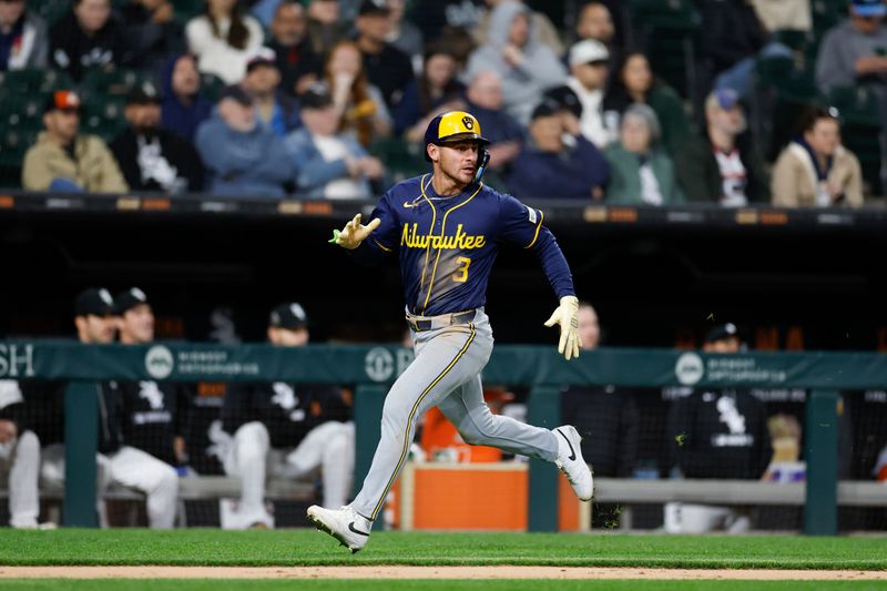 Apr 29, 2025; Chicago, Illinois, USA; Milwaukee Brewers shortstop Joey Ortiz (3) runs to score against the Chicago White Sox during the sixth inning at Rate Field. Mandatory Credit: Kamil Krzaczynski-Imagn Images