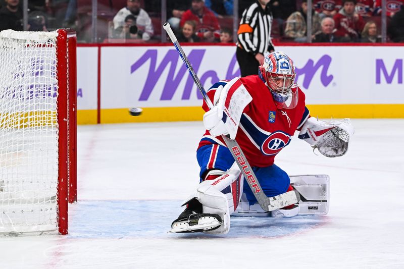 Nov 23, 2024; Montreal, Quebec, CAN; Montreal Canadiens goalie Cayden Primeau (30) allows a goal from  Las Vegas Golden Knights center Jack Eichel (9) during the third period at Bell Centre. Mandatory Credit: David Kirouac-Imagn Images