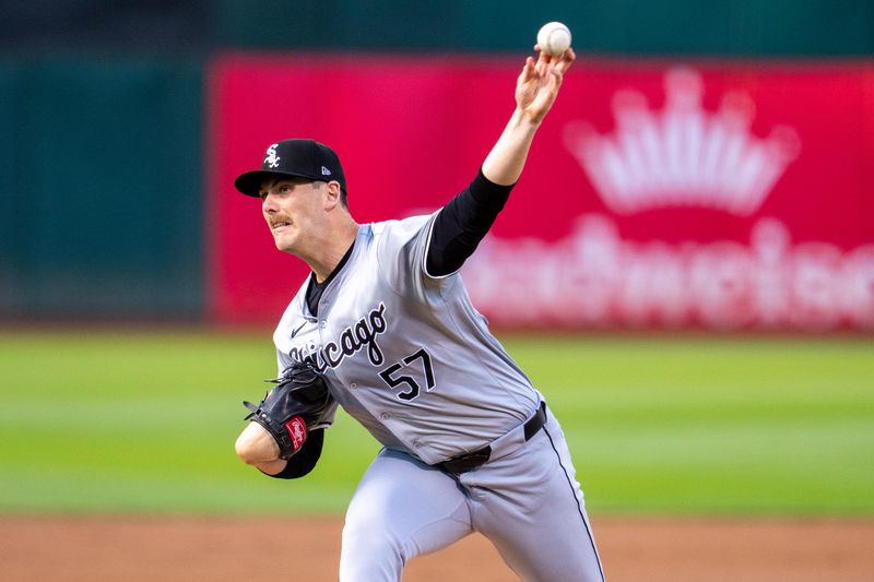 Aug 5, 2024; Oakland, California, USA;  Chicago White Sox starting pitcher Ky Bush (57) delivers a pitch against the Oakland Athletics during the first inning at Oakland-Alameda County Coliseum. Mandatory Credit: Neville E. Guard-USA TODAY Sports