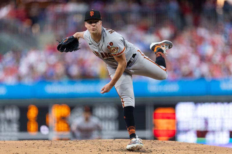 Aug 22, 2023; Philadelphia, Pennsylvania, USA; San Francisco Giants starting pitcher Kyle Harrison (45) throws a pitch during the second inning against the Philadelphia Phillies at Citizens Bank Park. Mandatory Credit: Bill Streicher-USA TODAY Sports