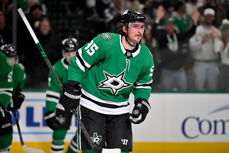Dec 15, 2025; Dallas, Texas, USA; Dallas Stars center Matt Duchene (95) skates off the ice after scoring a goal against the Los Angeles Kings during the second period at the American Airlines Center. Mandatory Credit: Jerome Miron-Imagn Images