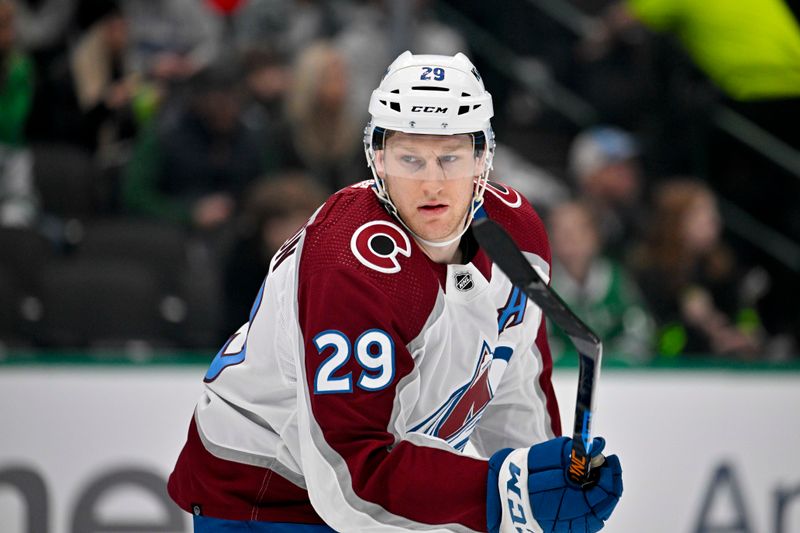 Jan 4, 2024; Dallas, Texas, USA; Colorado Avalanche center Nathan MacKinnon (29) skates against the Dallas Stars during the first period at the American Airlines Center. Mandatory Credit: Jerome Miron-USA TODAY Sports