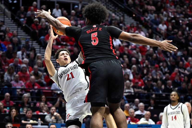 Jan 6, 2024; San Diego, California, USA; San Diego State Aztecs guard Miles Byrd (21) is fouled by UNLV Rebels forward Rob Whaley Jr. (5) during the second half at Viejas Arena. Mandatory Credit: Orlando Ramirez-USA TODAY Sports