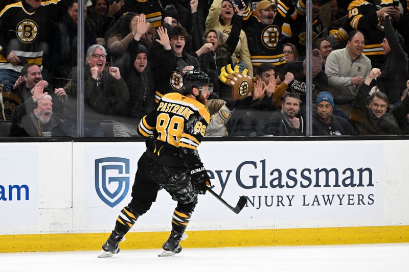 Jan 25, 2025; Boston, Massachusetts, USA; Boston Bruins right wing David Pastrnak (88) reacts after scoring an empty net goal against the Colorado Avalanche during the third period at the TD Garden. Mandatory Credit: Brian Fluharty-Imagn Images