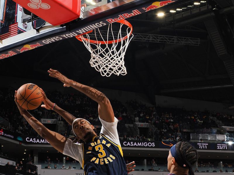 INDIANAPOLIS, IN - NOVEMBER 25: Moses Brown #3 of the Indiana Pacers drives to the basket during the game against the New Orleans Pelicans on November 25, 2024 at Gainbridge Fieldhouse in Indianapolis, Indiana. NOTE TO USER: User expressly acknowledges and agrees that, by downloading and or using this Photograph, user is consenting to the terms and conditions of the Getty Images License Agreement. Mandatory Copyright Notice: Copyright 2024 NBAE (Photo by Ron Hoskins/NBAE via Getty Images)