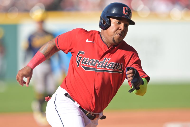 Jun 24, 2023; Cleveland, Ohio, USA; Cleveland Guardians third baseman Jose Ramirez (11) rounds third base en route to scoring during the sixth inning against the Milwaukee Brewers at Progressive Field. Mandatory Credit: Ken Blaze-USA TODAY Sports