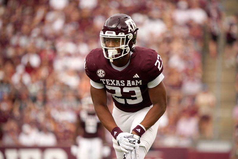 Oct 28, 2023; College Station, Texas, USA; Texas A&M Aggies linebacker Chantz Johnson (23) readies to move against South Carolina Gamecocks during the second quarter at Kyle Field. Mandatory Credit: Dustin Safranek-USA TODAY Sports