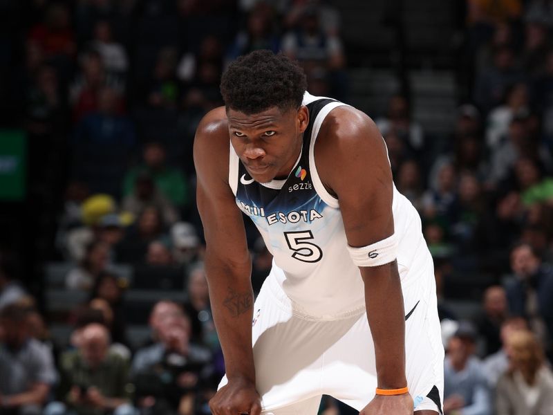 MINNEAPOLIS, MN -  MARCH  17:  Anthony Edwards #5 of the Minnesota Timberwolves during the game = on March 17, 2025 at Target Center in Minneapolis, Minnesota. NOTE TO USER: User expressly acknowledges and agrees that, by downloading and or using this Photograph, user is consenting to the terms and conditions of the Getty Images License Agreement. Mandatory Copyright Notice: Copyright 2025 NBAE (Photo by David Sherman/NBAE via Getty Images)