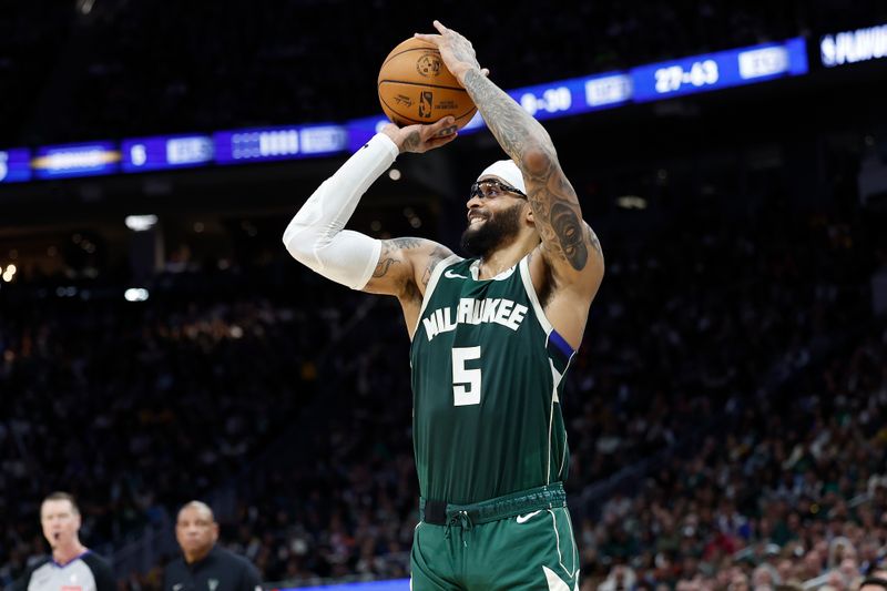 MILWAUKEE, WISCONSIN - APRIL 25: Gary Trent Jr. #5 of the Milwaukee Bucks makes a three point shot against the Indiana Pacers in the second half of game three of the first round of the 2025 NBA playoffs at Fiserv Forum on April 25, 2025 in Milwaukee, Wisconsin. NOTE TO USER: User expressly acknowledges and agrees that, by downloading and or using this photograph, User is consenting to the terms and conditions of the Getty Images License Agreement. (Photo by John Fisher/Getty Images)