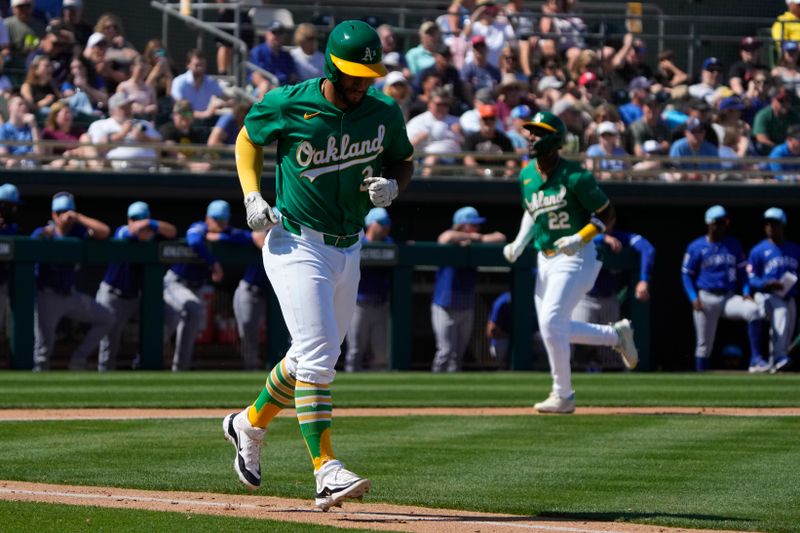 Mar 10, 2024; Mesa, Arizona, USA; Oakland Athletics third baseman Abraham Toro (31) draws an RBI walk against the Kansas City Royals in the second inning at Hohokam Stadium. Mandatory Credit: Rick Scuteri-USA TODAY Sports