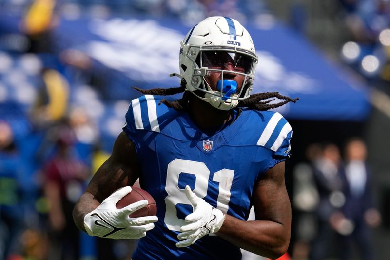 Indianapolis Colts tight end Mo Alie-Cox (81) warms up before an NFL football game against the Houston Texans, Sunday, Sept. 8, 2024, in Indianapolis. (AP Photo/Darron Cummings)