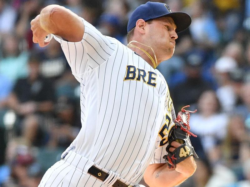 Aug 27, 2023; Milwaukee, Wisconsin, USA; Milwaukee Brewers relief pitcher Trevor Megill (29) delivers a pitch against the San Diego Padres at American Family Field. Mandatory Credit: Michael McLoone-USA TODAY Sports