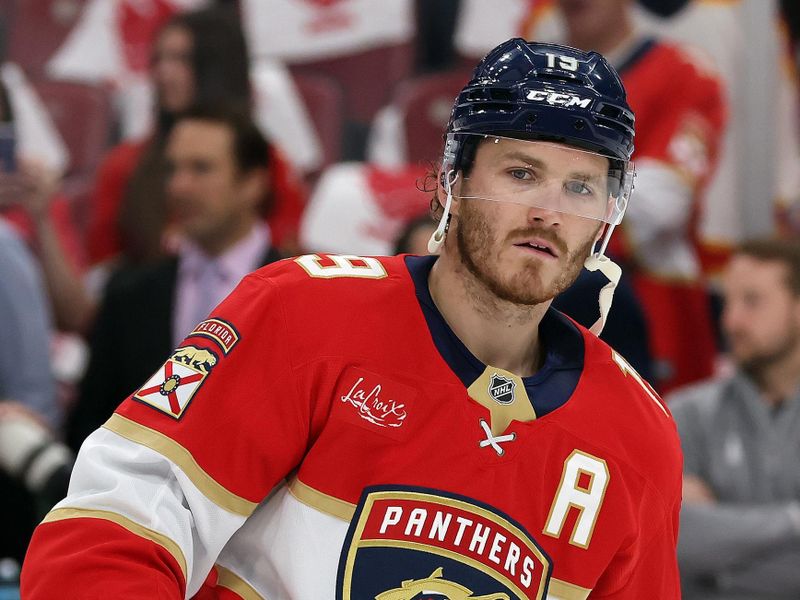 May 11, 2025; Sunrise, Florida, USA; Florida Panthers left wing Matthew Tkachuk (19) warms up against the Toronto Maple Leafs before game four of the second round of the 2025 Stanley Cup Playoffs at Amerant Bank Arena. Mandatory Credit: Kim Klement Neitzel-Imagn Images