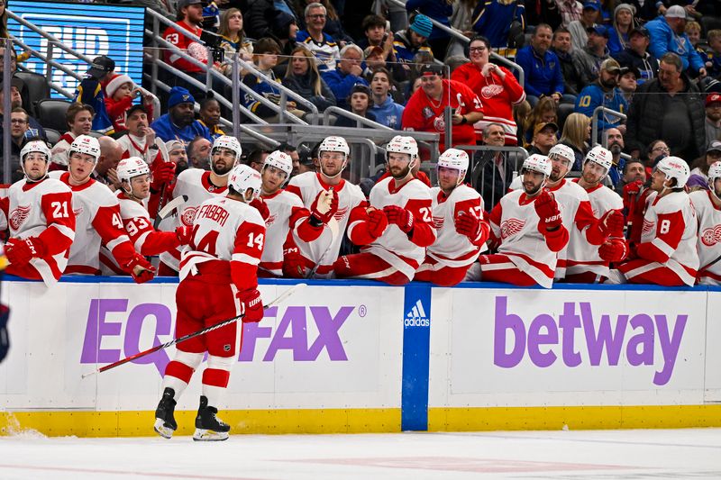 Dec 12, 2023; St. Louis, Missouri, USA;  Detroit Red Wings center Robby Fabbri (14) is congratulated by teammates after scoring against the St. Louis Blues during the third period at Enterprise Center. Mandatory Credit: Jeff Curry-USA TODAY Sports